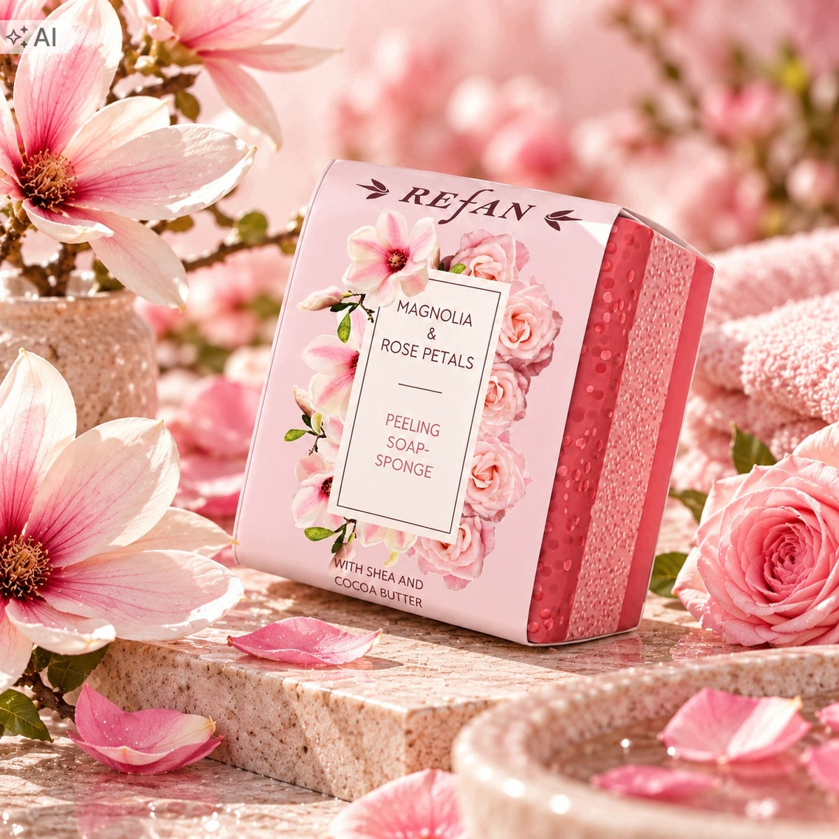 REFAN Gąbka-Mydło Magnolia Płatki Róży 75 g